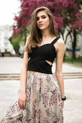 Black Cross Wrap Crop Top with Floral Embroidered Skirt