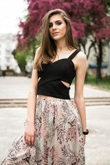 Black Cross Wrap Crop Top with Floral Embroidered Skirt