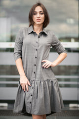 Elegant Grey Button-Down Flare Shirt Dress