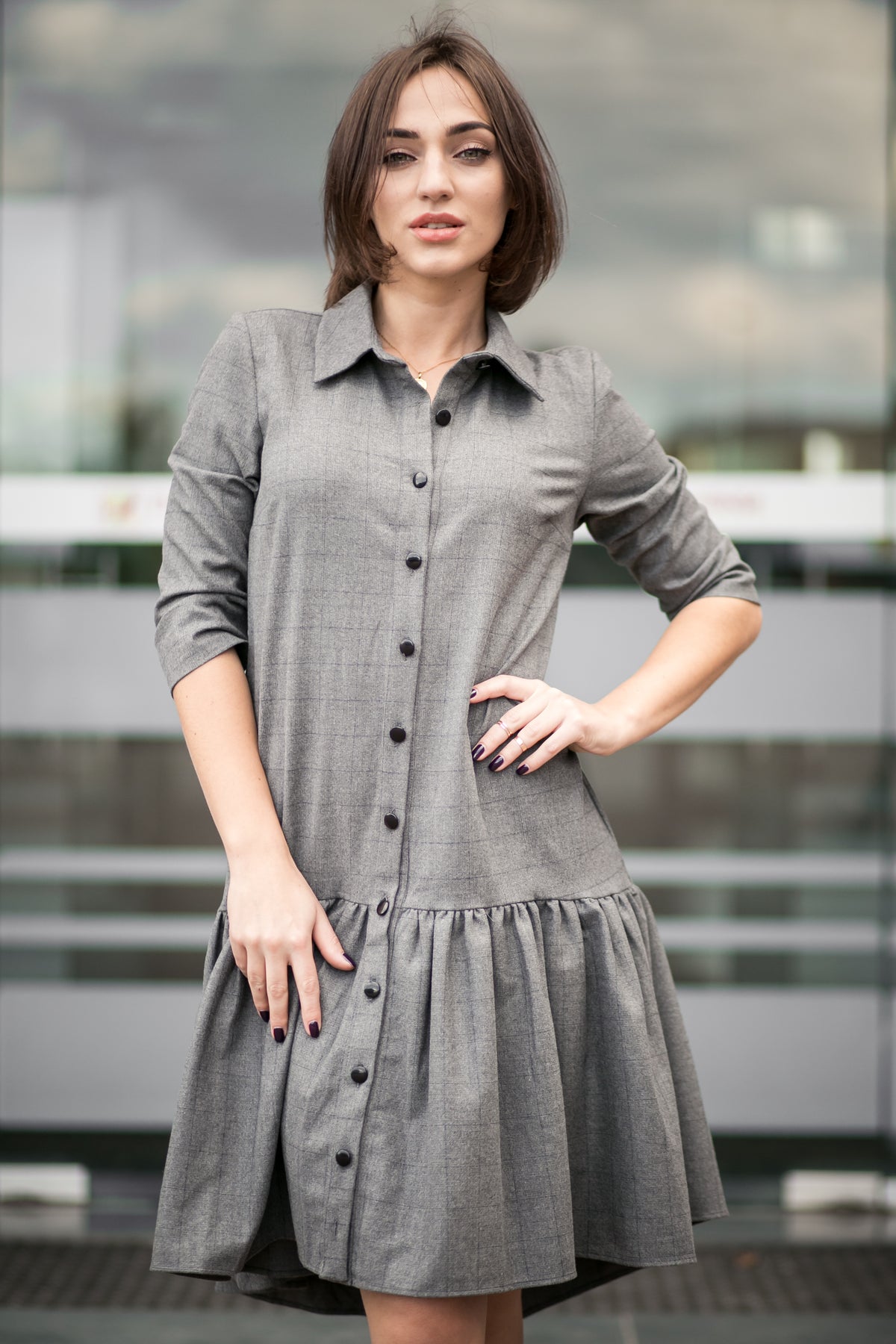 Elegant Grey Button-Down Flare Shirt Dress